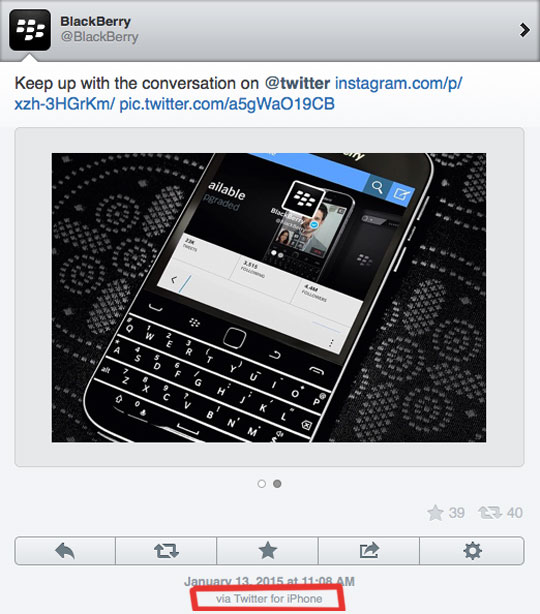 Blackberry posted a tweet using an iPhone