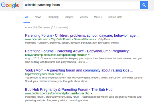Typing: allintitle: ‘keyword’ forum into Google search