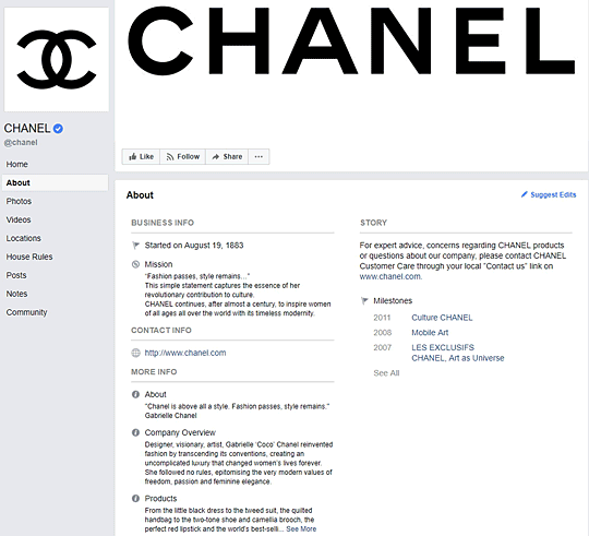 Chanel's Facebook About Page