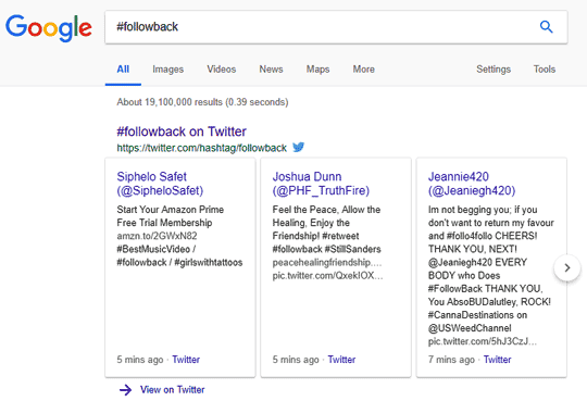  Google search - followback hashtag on Twitter