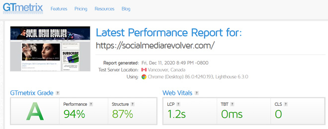 GTmetrix report Social Media Revolver